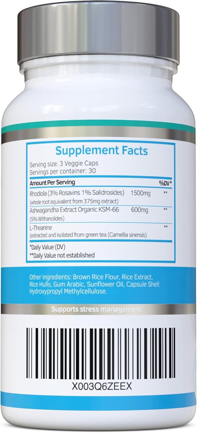 Rhodiola &amp Ashwagandha with L-Theanine - Award Winning Ashwagandha KSM-66 600mg &amp 1500mg Rhodiola (3% Rosavins - 1% Salidrosides) whole root equivalent- adaptogen combo- No artificial fillers