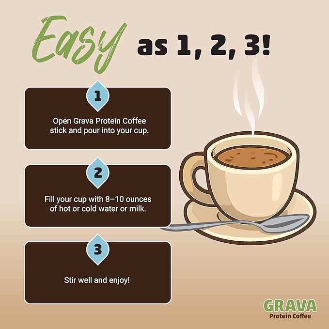 Grava Organic Plant Protein Coffee Sticks Traditional Unsweetened - 8g Plant Protein 80mg Caffeine - USDA Organic Non-GMO &amp Fair Trade - Gluten Free &amp Vegan - Single Serve Packet 20 Serving