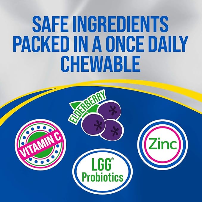 Culturelle Immune Defense Probiotic with Vitamin C Vitamin D and Zinc + Elderberry Non-GMO 4-in-1 Immune Support for Kids Ages 3+* Mixed Berry Chewables 60 Count