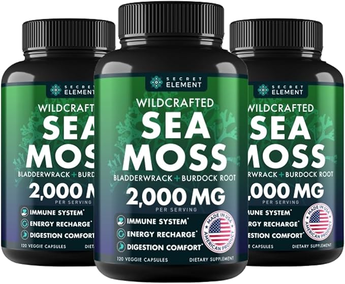 Sea Moss Capsules - Irish Sea Moss Advanced with Burdock Root Bladderwrack &amp Muira Puama for Immunity Gut &amp Energy - Superfood Sea Moss Supplements w/Raw Sea Moss Powder 120 Capsules (3 P