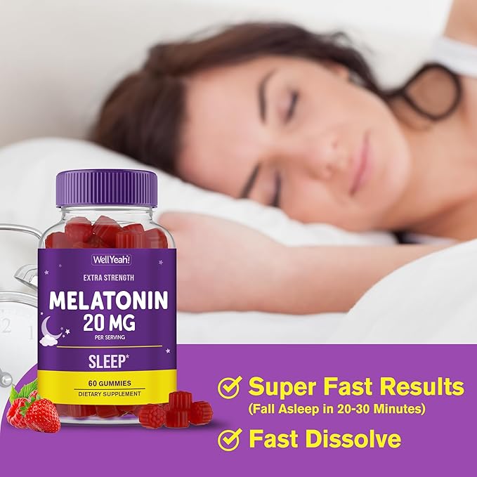 WellYeah Melatonin Gummies 20mg (2 Pack) | Sleep Support | Maximum Strength Melatonin 20mg Gummies for Adults | Fast Dissolved | Great Berry Flavor | 60 Count | Vegan Non GMO
