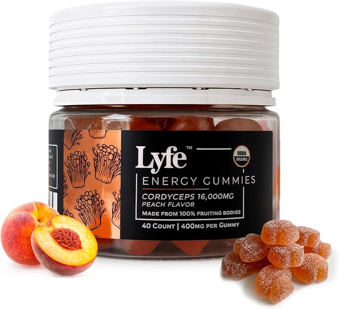 LYFE Functional Mushroom Gummies Peach Flavor (40 Count) – Organic Mushroom Supplement for Natural Energy Endurance &amp Focus – Vegan Gluten-Free Plant-Based Daily Chews for Vitality &amp Immune