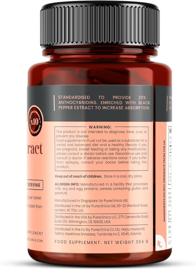 Bilberry Extract 10000mg x 180 Tablets (6 Months Supply)- 10X More anthocyanidin Plus 5mg Black Pepper per Tablet