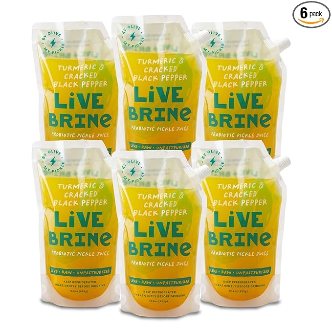 Olive My Pickle Probiotic Pickle Juice - 117 Ounces | 6 Pack of LiveBrine Turmeric &amp Cracked Black Pepper Pickle Juice with Natural Probiotics and Digestive Enzymes for Gut Health - 78 Pickle Shot