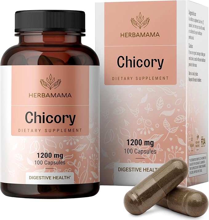 HERBAMAMA Chicory Root Fiber Capsules - 1200mg Chicory Root Powder for Gut Cleanse &amp Digestive Support - Vegan Non-GMO Inulin Prebiotic Fiber Supplement