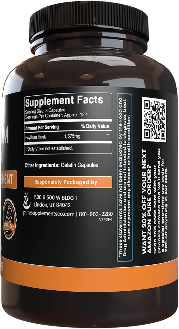PURE ORIGINAL INGREDIENTS Psyllium Husk (365 Capsules) No Magnesium Or Rice Fillers Always Pure Lab Verified