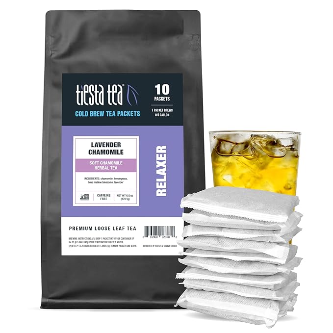 Tiesta Tea - Lavender Chamomile Cold Brew Loose Leaf Soft Chamomile Herbal Tea Non-Caffeinated Iced Blend Cold Brew Packets Makes 64oz of Pitcher Per Bag (Pack of 10)