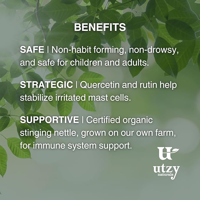 Utzy Naturals Allurtica | Sinus &amp Respiratory Support Supplement with Quercetin and Stinging Nettle | Seasonal Support for Adults &amp Kids | Non Drowsy | 40 Capsules