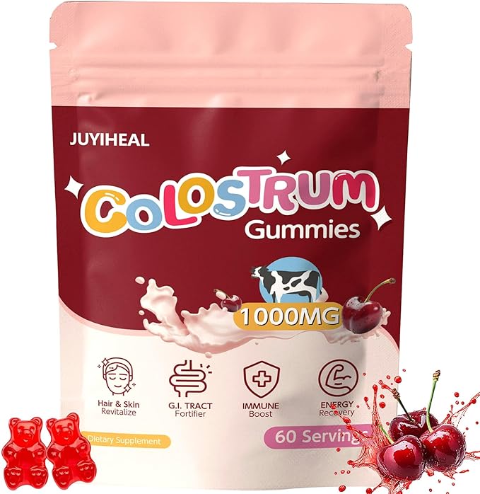 Colostrum Gummies 1000 mg Grass Fed Colostrum Chews Colostrum Supplement for Gut Health Hair Growth Beauty and Immune Support Cherry Flavor 60 Servings