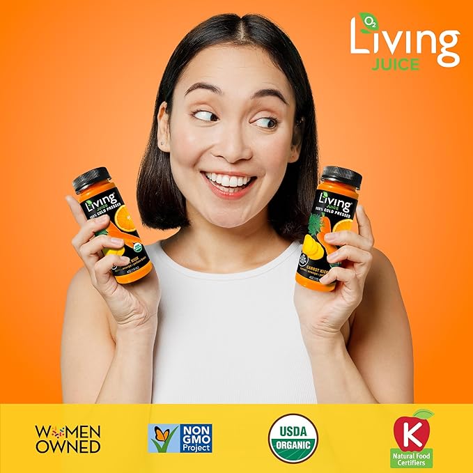 O2 Living Juice Cold Pressed Drink - Carrot Kick Organic Juice Pack - No Added Sugars or Water Naturally Sweetened from Fruits Rich in Nutrients &amp Vitamins - Refreshing &amp Non-GMO - 4 fl oz