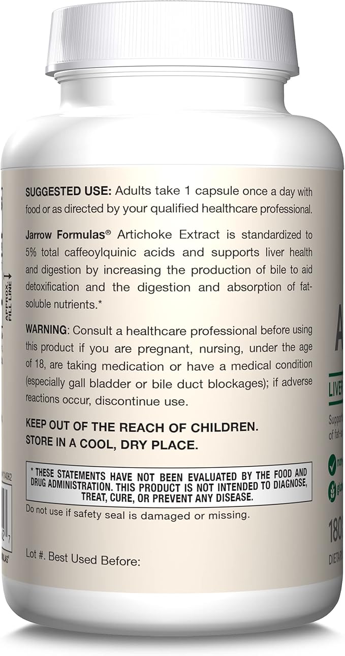 Jarrow Formulas Artichoke 500 mg - Standardized Artichoke Extract - 180 Servings (Veggie Caps) Support Liver Health &amp Digestion - Dietary Supplement - Non-GMO - Gluten Free - Vegan