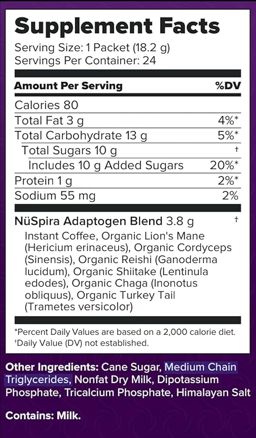 NüSpira - Latte Mushroom Coffee - Premium Blend of 6 Adaptogen Mushrooms for Vitality Brain Clarity Gut Health &amp Immune Support - 24 Pack