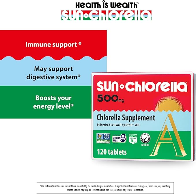Sun Chlorella 500mg Whole Body Wellness Green Algae Superfood Supplement - Immune Defense Gut Health Natural Purification Energy Boost - Chlorophyll B12 Iron Protein - Non-GMO - 120 Tablets