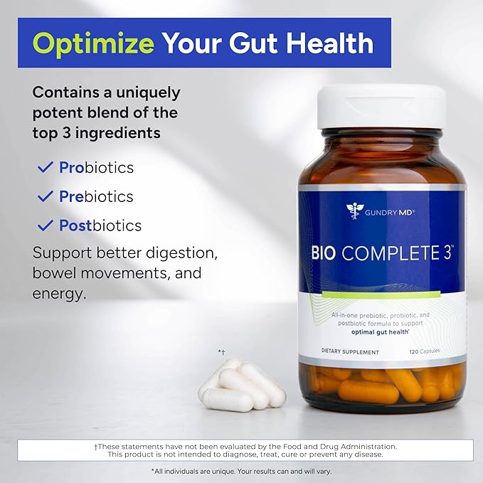 Gundry MD® Bio Complete 3 3-in-1 Probiotics for Gut Health Probiotic Supplements for Digestion Supplement Supporting Bloating Gas Food Cravings Energy Levels Skin and Focus 30 Day Supply