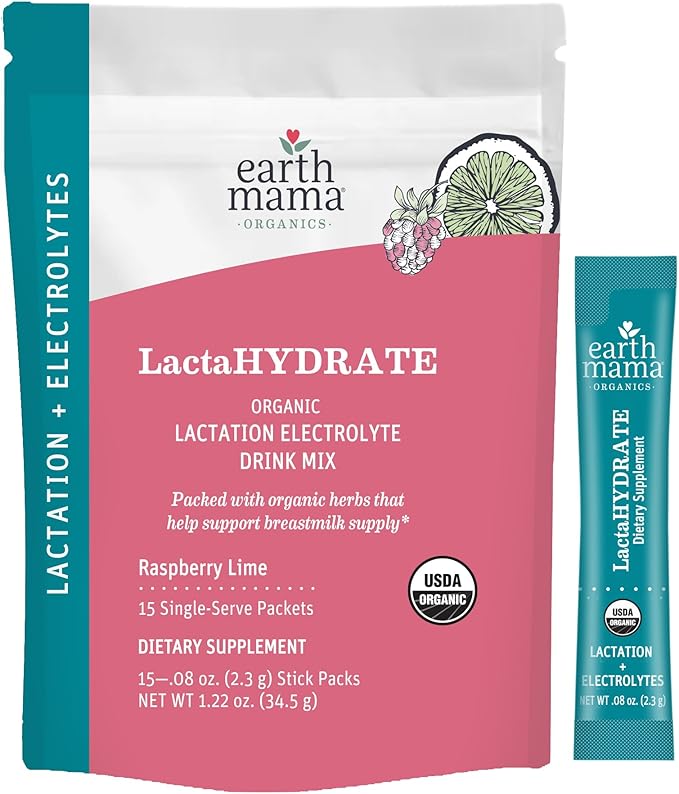 Earth Mama Organic LactaHYDRATE Lactation Drink Mix 15 Servings – USDA Certified Organic Hydration Drink with Herbs Used to Help Support Breastmilk Supply* for Breastfeeding Moms