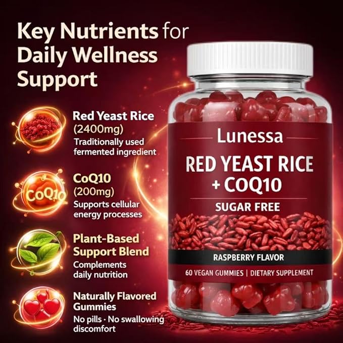 Lunessa Red Yeast Rice with Red Yeast Rice 2400mg CoQ10 200mg Restores Body Vitality &amp Maintains Healthy Cholesterol Levels for Men &amp Women Non-GMO Vegan Raspberry Flavor 60 Gummies (2)