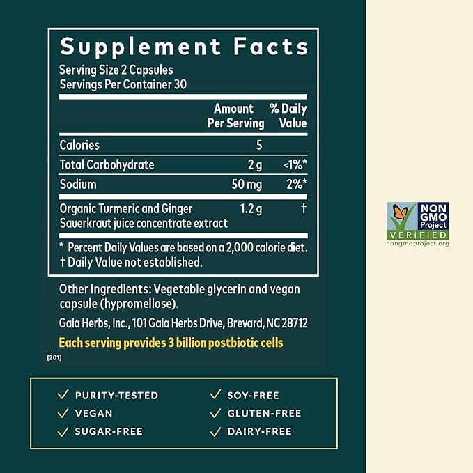 Gaia Herbs Ginger-Turmeric Postbiotic - Healthy Gut Support* - 60 Vegan Liquid Phyto-Caps (30 Servings)