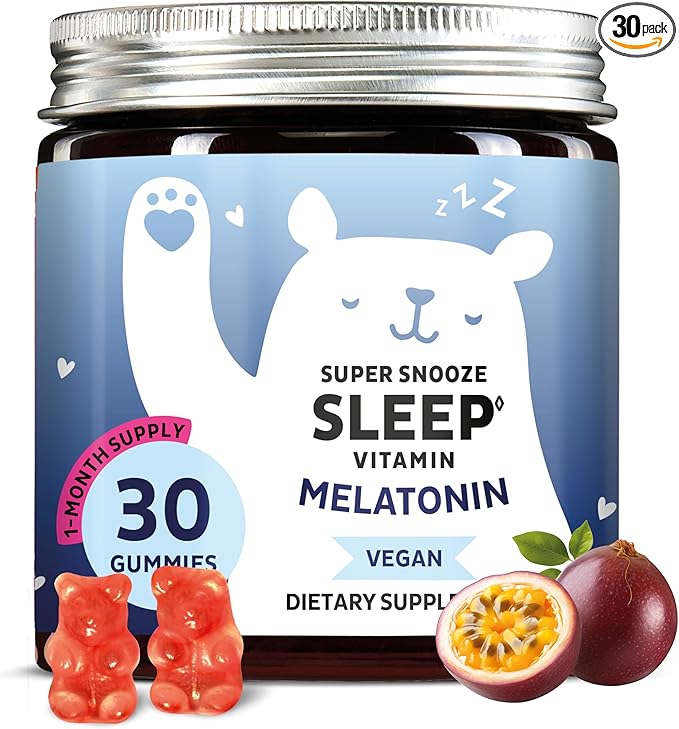 Bears with Benefits Vegan Melatonin 5mg Gummies Sleep Gummies for Reduced time to Fall Asleep with Vitamin B6 &amp Passion Fruit Extract - Super Snooze Sleep Vitamin (30 Gummies)