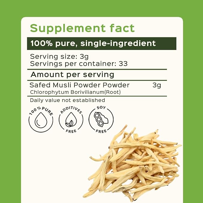 bixa BOTANICAL Safed Musli Root Powder Ayurvedic Natural Herbal Supplement Pure Authentic Premium Quality | Gluten Free Non-GMO Steam Sterlized Vegan (3.5 Ounce (Pack of 1) Safed Musli)