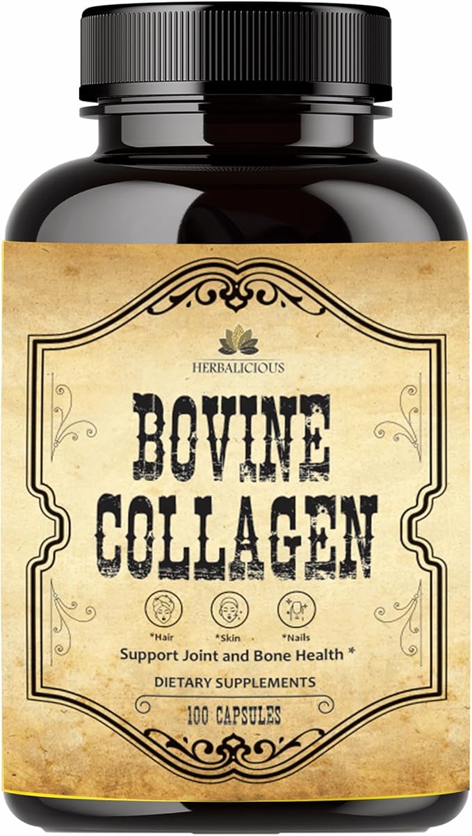 HERBALICIOUS Bovine Collagen Supplements for Men and Women | Hydrolyzed Grass-Fed Bovine Collagen Peptides | Joint Nerve &amp Bone Support | Non-GMO Anti-Aging | 100 Capsules