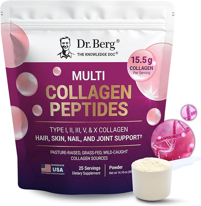 Dr. Berg Multi Collagen Peptides Powder Types I II III V X - Unflavored Collagen Powder w/ 14 g of Protein - Grass-Fed Pasture-Raised &amp Wild-Caught Collagen Sources - 25 Servings
