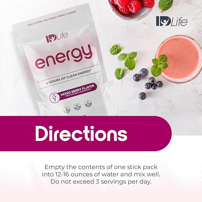 IDLife Energy - Mixed Berry - Sustained Power Boost with Powder Healthy Drink for Work Gym &amp Daily Use 6 Hours of Boost - 15 Sticks per Bag