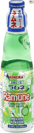 Kimura Ramune Japanese Carbonated Soft Drink Melon Flavor 6.76 Fl Oz | Case of 18