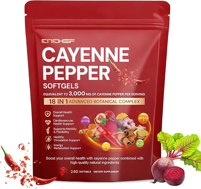 Cayenne Pepper Softgels Supplement Cayenne Pepper Capsules with VitaminD3+K2Berberine Q10 Omega-3 Turmeric Hawthorn Beetroot Supports Leg Vein Digestive &amp Heart Vessel Health 240 Softgel