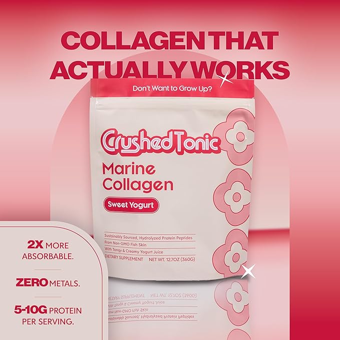 Crushed Tonic Marine Collagen Powder Korean Beauty Drink with Hydrolyzed Collagen Peptides for Skin Hair &amp Nails | Gluten-Free Halal &amp Kosher (Sweet Yogurt Yakult 30 Servings (150 g) Pouch
