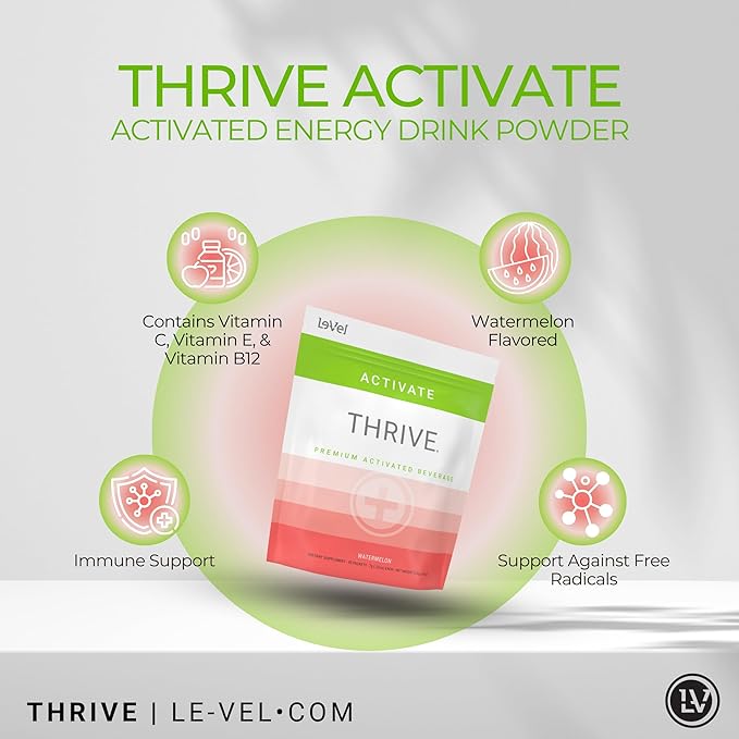 Thrive Activate - Focus &amp Energy Drink Powder Mix with Real Flavor 30 Packets- Enhanced Energy Performance Vitamin C Vitamin E B12 for Mental Clarity (30 Packet Watermelon)