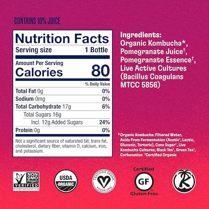 Health-Ade Kombucha Tea Organic Drink Fermented Tea with Living Probiotics Detoxifying Acids Supports Gut Health Non-GMO Vegan Gluten Free 6 Pack (16 Fl Oz Bottles) Pomegranate