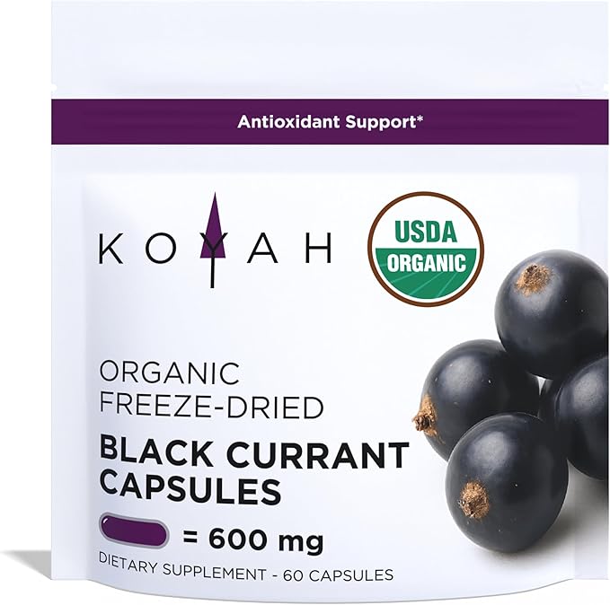 KOYAH - Organic Black Currant Capsules - Freeze-Dried Whole-Berry 600 mg Vegan Gluten-Free Non-GMO. Antioxidant Support. 60 Capsules