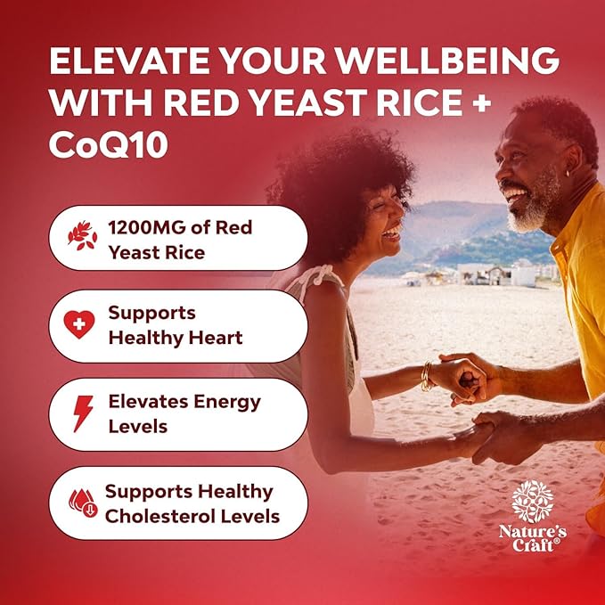 Red Yeast Rice with CoQ10 Supplement - Advanced Healthy Heart &amp Healthy Cholesterol Levels Formula for Men &amp Women - Extra Strength Capsule with Red Yeast Rice 1200 mg Capsules with CoQ10 - 12