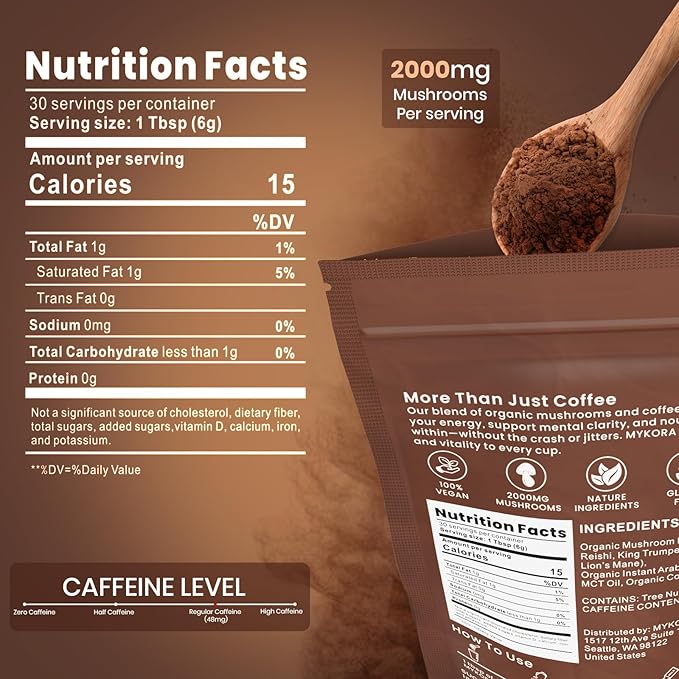 Mushroom Coffee 2000mg Organic Instant Coffee with 6 Adaptogenic Mushrooms (Lion’s Mane &amp Turkey Tail) with MCT Oil &amp Coconut for Focus Energy Digestion &amp Immune Support 30 Servings