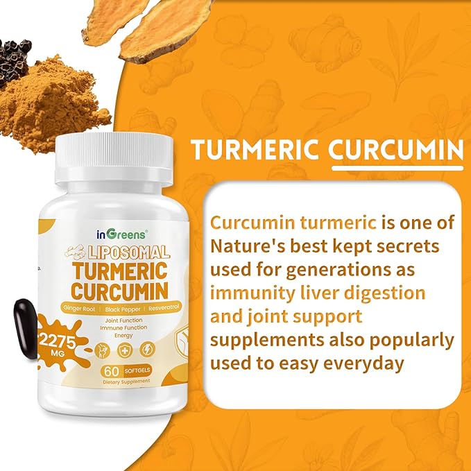 Turmeric Supplement 2275mg 95% Curcumin Liposomal Curcumin for Best Absorption Curcumin Supplement for Joint Support Bottled in USA - 180 Softgels
