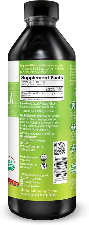 Herbal Goodness Soursop Graviola Liquid Drops 12 Fl Oz - 15X Strength Organic Guanábana Soursop Leaves Extract for Gut Health Cell &amp Immune Support Serene Soursop Drops - Vegan Non-GMO Made in