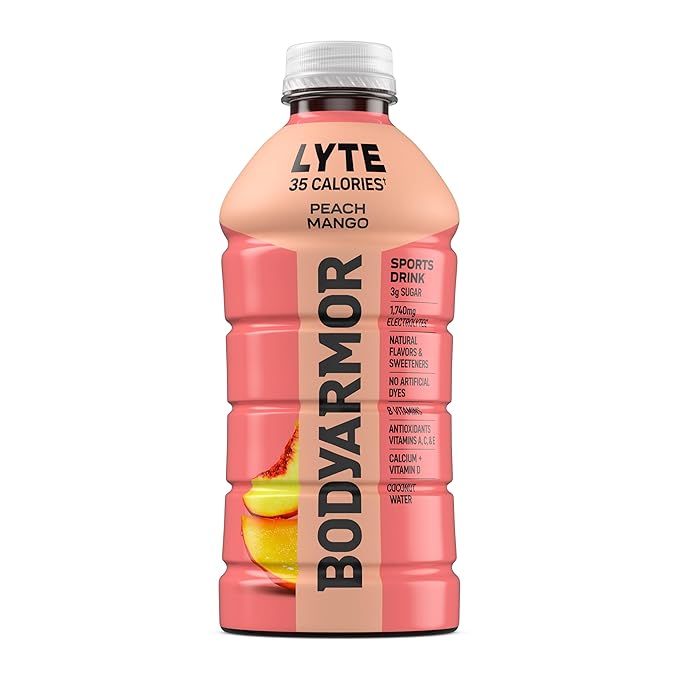 BODYARMOR LYTE Peach Mango Electrolyte Drink 35 Calories 28 Fl Oz Bottles (15 Pack) Coconut Water Sports Drink Natural Flavor &amp B Vitamins