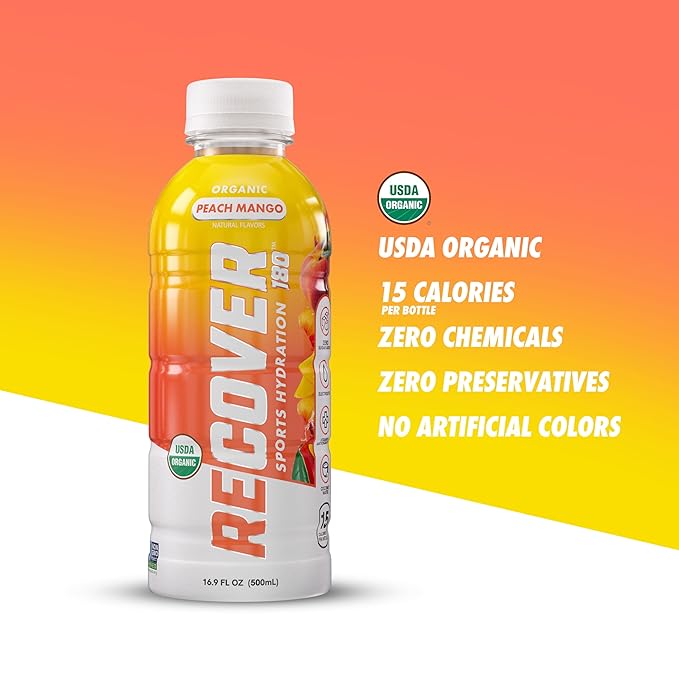 RECOVER 180 Organic Sports Hydration Drink No Sugar Added 20 Calorie Sports Beverage Organic Flavors With Vitamins Potassium-Packed Electrolytes (16.9 Fl Oz (Pack of 12) Peach Mango)
