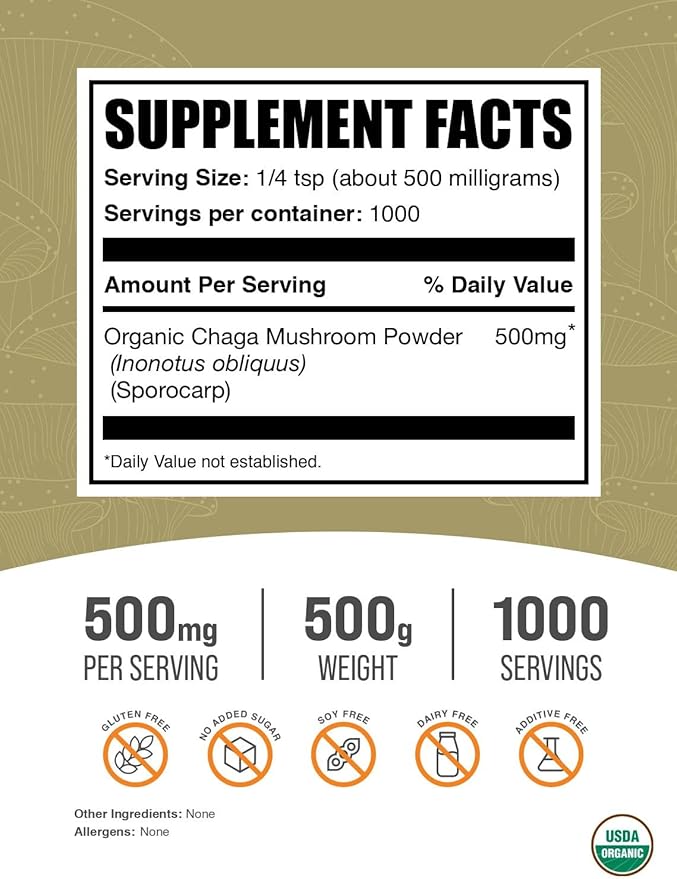 BulkSupplements.com Organic Chaga Mushrooms Powder - Chaga Mushroom Supplement Superfood Supplement - Vegan &amp Gluten Free 500mg per Serving 500g (1.1 lbs) (Pack of 1)