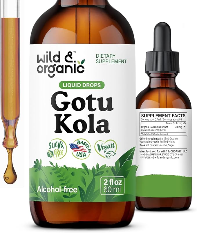 Wild &amp Organic Gotu Kola Herb Tincture - Brain Support - Gotu Kola Liquid Extract Drops - Vegan Sugar &amp Alcohol-Free Centella Asiatica Supplement - 2 fl oz