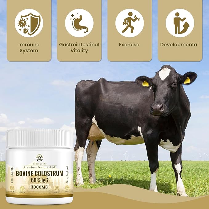 Kroppssund Bovine Colostrum Powder Supplement 3000 mg - Extra High 60% IgG Bovine Colostrum - Gut Bone Exercise Immune - 50 Servings (1 Bottle)