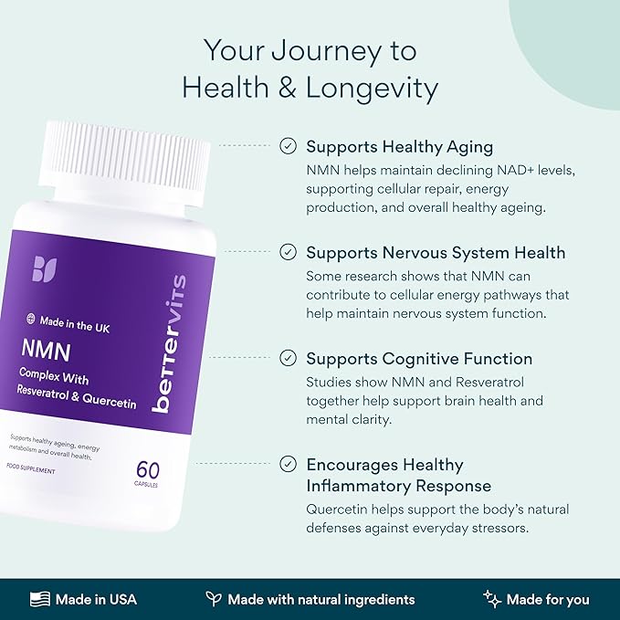 Bettervits NMN Supplement with Quercetin Powder| NAD+ Resveratrol Support Formula for Cells Regeneration Energy and Anti-Aging Support | NAD Supplements for Women &amp Men - 60 Capsules