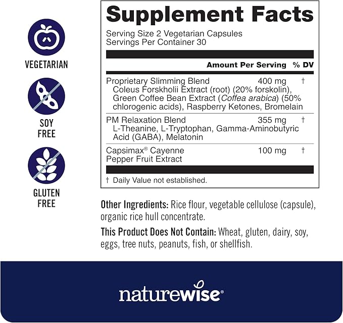 Naturewise Nighttime Fitness Support Supplement &amp Natural Sleep Aid with Cayenne Extract Green Coffee Bean GABA L-Theanine - Vegetarian Non-GMO - 60 Capsules[1-Month Supply]