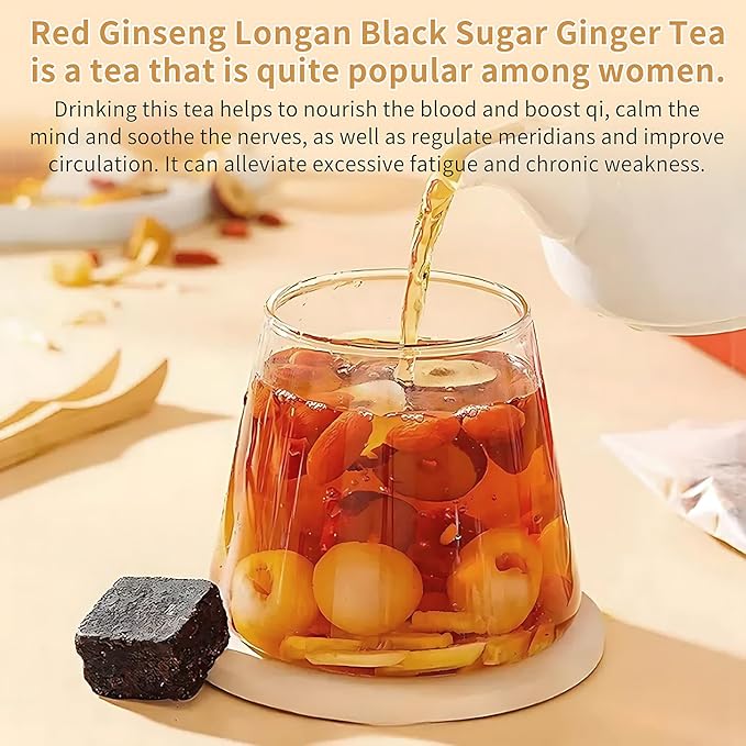 Hee Creek Longan Red Date Ginger Sugar Tea 10.23oz (25 Bags) Ancient Method Handmade Red Ginseng Brown Sugar Ginger Tea for Women Qi and Blood Tonic Caffeine Free 红参 桂圆红枣姜糖茶 黑糖姜茶 红糖姜枣茶
