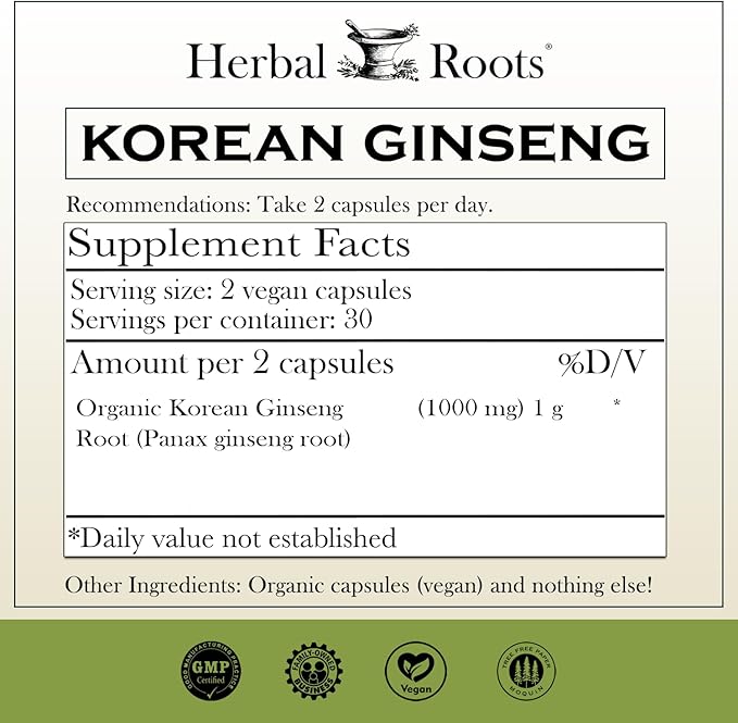 Herbal Roots Panax Ginseng | Organic Korean Ginseng Root Powder | 1000mg | High Ginsenosides for Energy &amp Performance | 60 Vegan Capsules