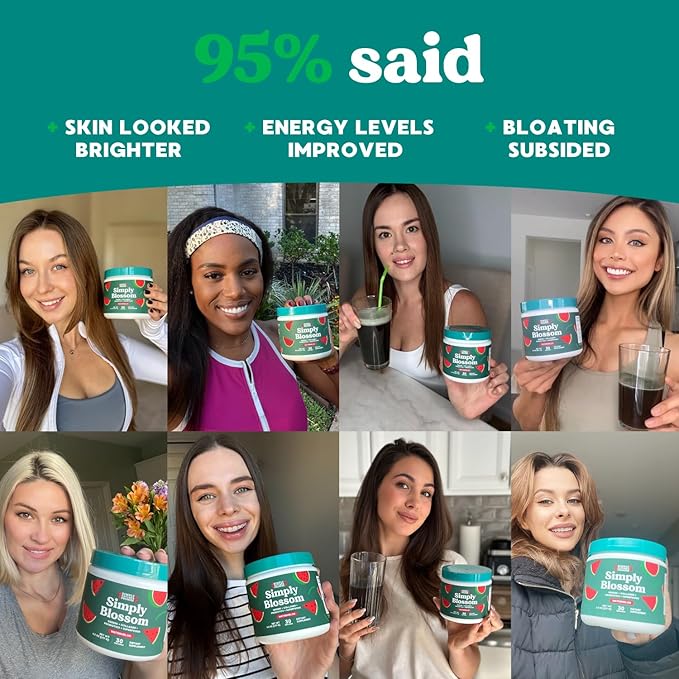 Simply Blossom Nutrition Daily Greens &amp Superfood Powder + Collagen + Probiotics for Women's Digestive Health &amp Bloating Relief. Help Your Health Bloom - 3 Month Supply - Watermelon