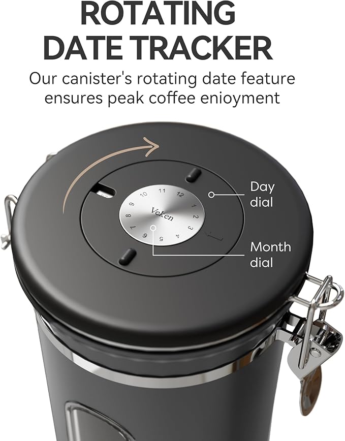 Veken Coffee Canister with WindowAirtight Stainless Steel Kitchen Food Storage Container Date Tracker &amp Scoop for Grounds Coffee Beans Tea Flour CerealSugar22OZGrey