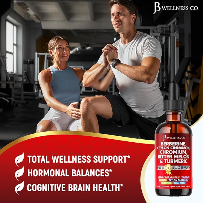 Berberine with Ceylon Cinnamon Supplement Liquid Drops + Bitter Melon Extract Glucomannan Gymnema Chromium Turmeric Panax Ginseng Moringa- 6 OZ