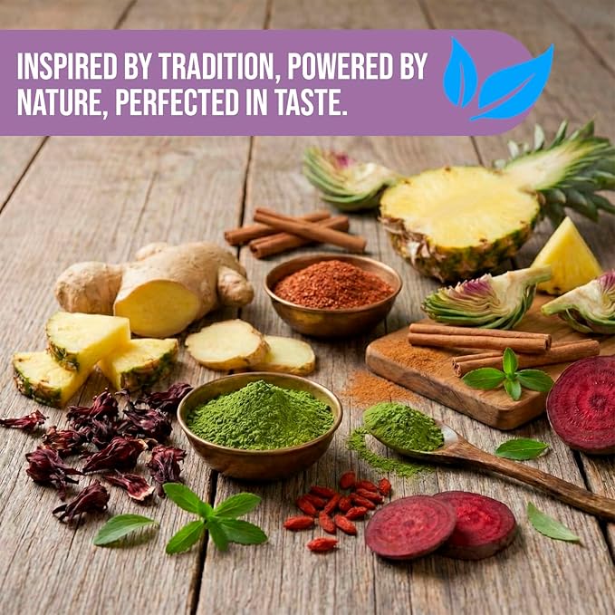 Té Deluxe Benefit Plus – Premium Herbal Tea Blend with Green &amp Red Tea Ginger Artichoke Hibiscus &amp Spices. Natural Flavor Stevia Sweetened - 60 Servings