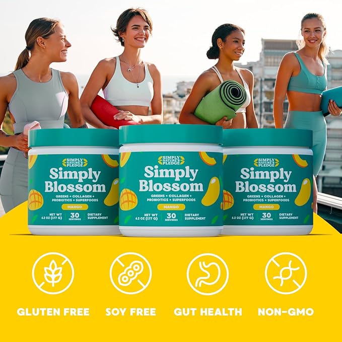 Simply Blossom Nutrition Daily Greens &amp Superfood Powder + Collagen + Probiotics for Women's Digestive Health &amp Bloating Relief. Help Your Health Bloom - 3 Month Supply - Mango